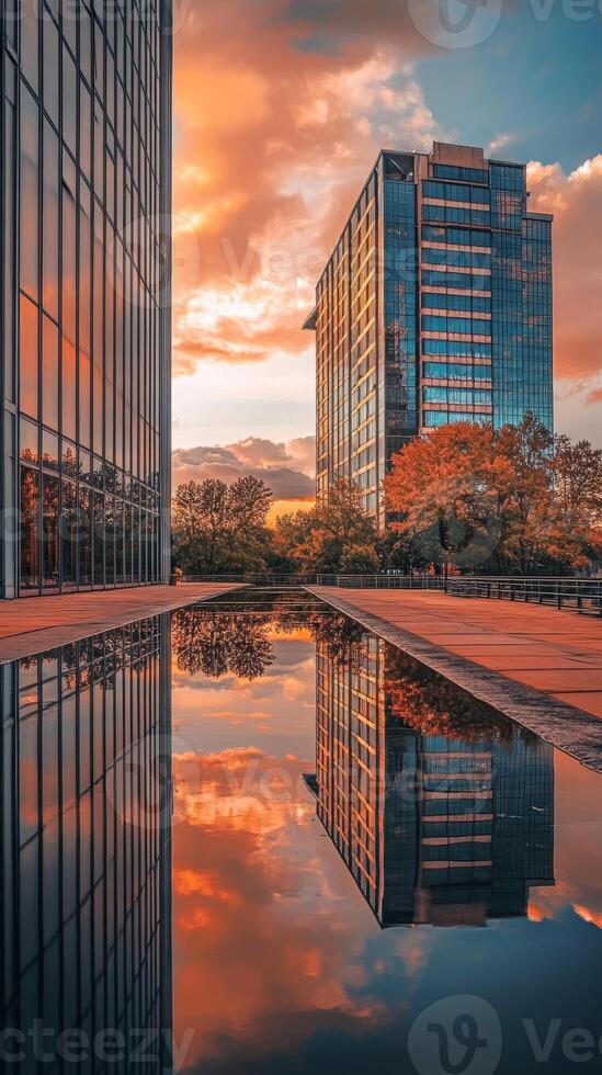 Sunset City Reflection Stunning Skyscrapers and Autumn Colors photo