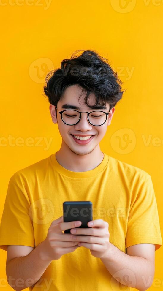Smiling Young Man Using Smartphone Against Bright Yellow Background photo
