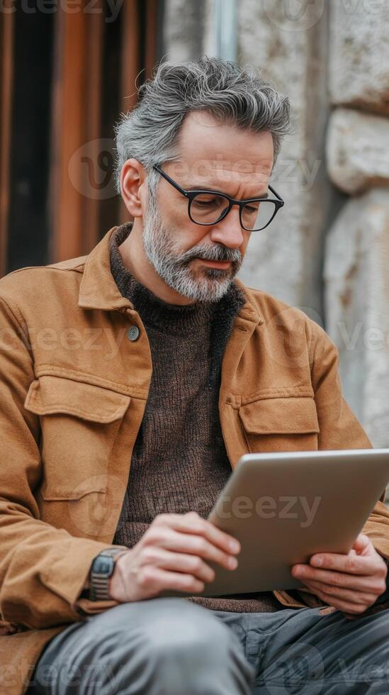 Focused Senior Man Using Tablet in Urban Setting photo