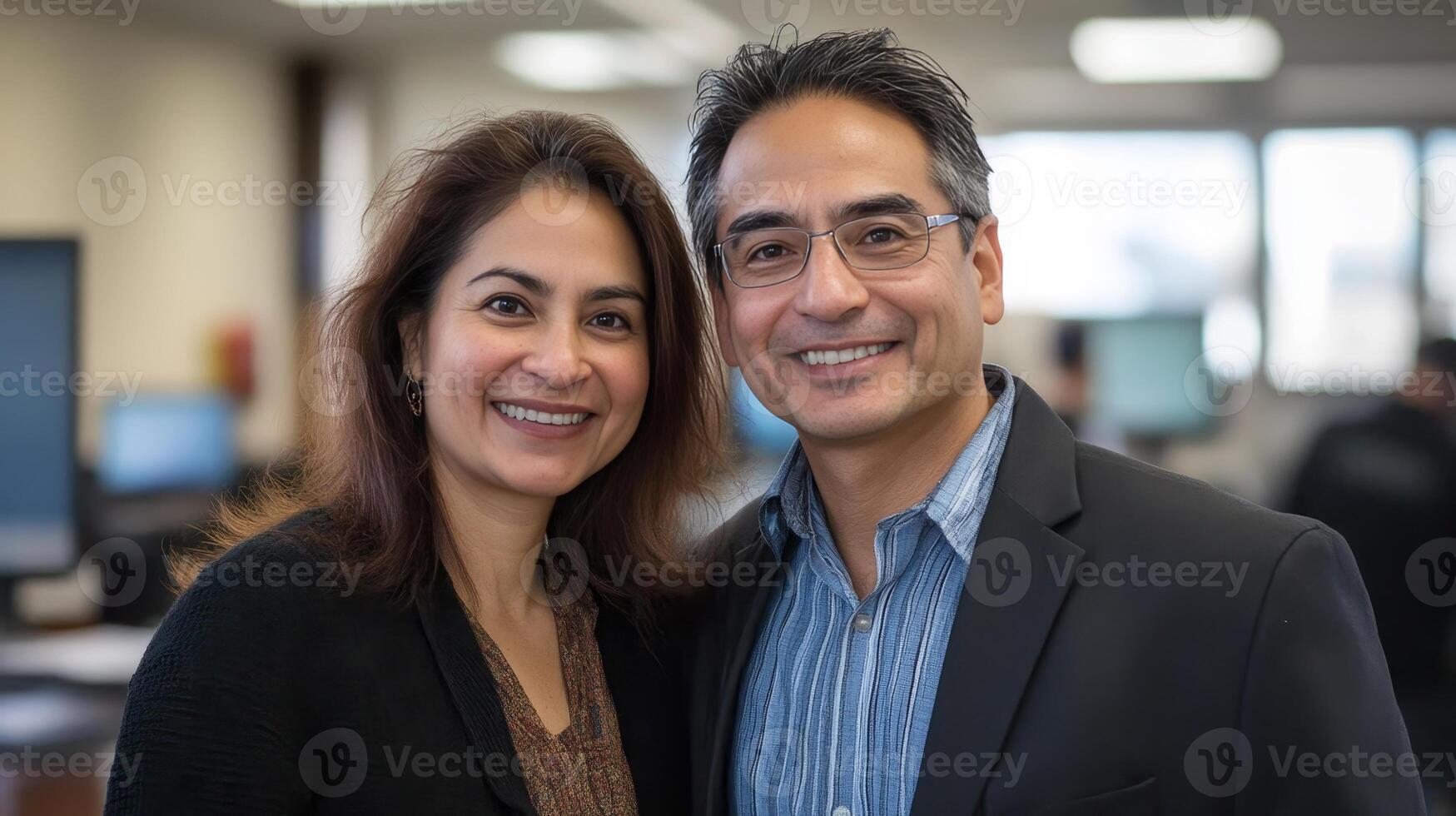 A Professional Couple Posing in a Modern Office Environment photo