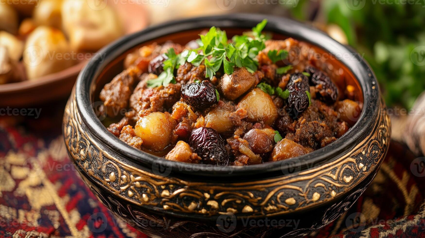 Hearty Traditional Meat Stew in Ornate Bowl photo