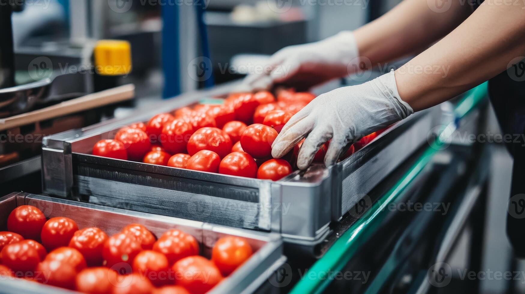 Fresh Tomatoes on a Conveyor Belt in a Modern Food Processing Facility photo