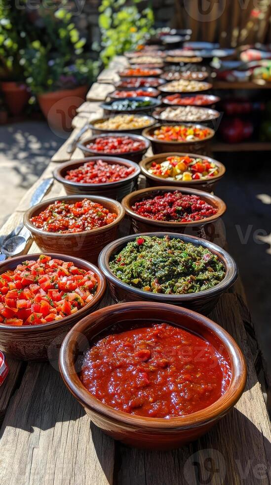 Colorful Variety of Dips and Sauces on Wooden Table photo