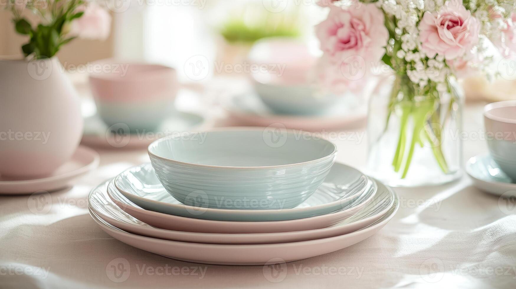 Elegant Table Setting with Pastel Ceramics, Floral Accents, and Soft Lighting - A Modern Still Life for Home Decor and Culinary Presentation photo