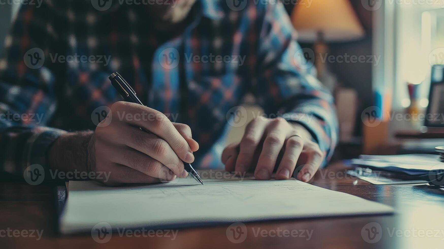 Focused Man Writing on Paper Capturing Ideas and Planning for Success, Inspiring Creativity and Productivity in a Modern Workspace photo