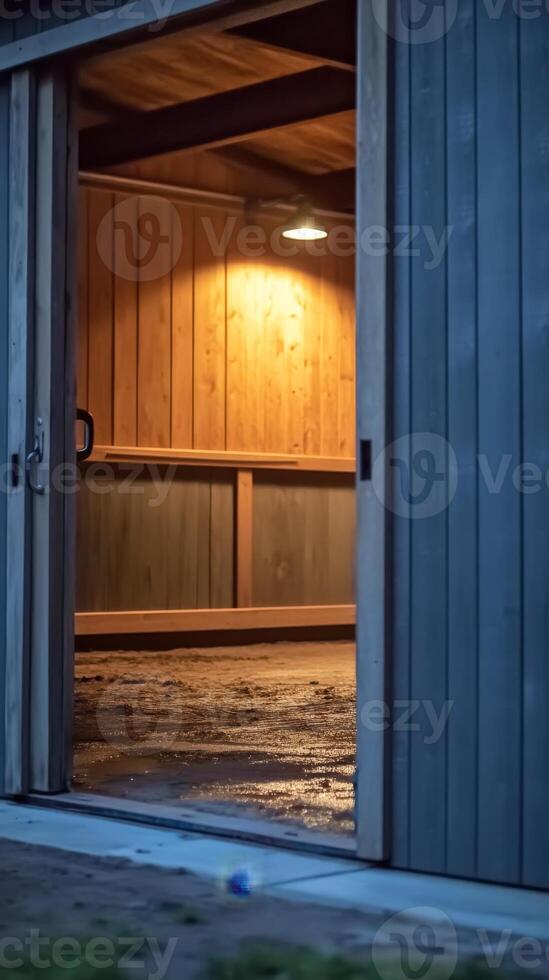 Revealing Wooden Interior A Glimpse Through Open Doors - Captivating Architecture, Texture, and Warm Illumination in Rustic Home Design photo
