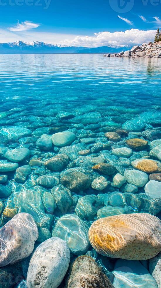 Crystal Clear Waters A Tranquil Lakeside View with Turquoise Water, Smooth Stones, and Distant Mountains Under a Bright Blue Sky for Nature Lovers photo