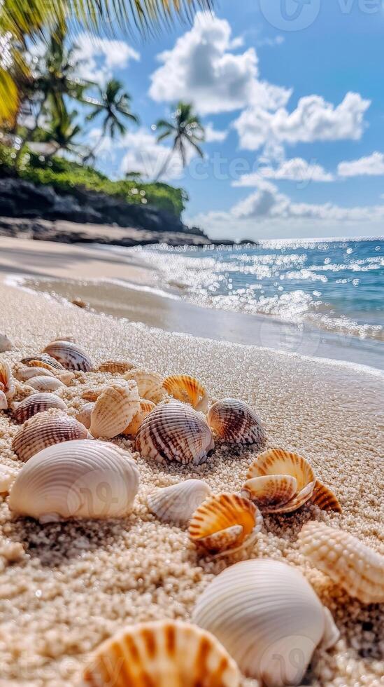 Tropical Beach Paradise Seashells on Golden Sand with Azure Ocean and Palm Trees, a Coastal Dream for Relaxation and Vacation Getaway. photo