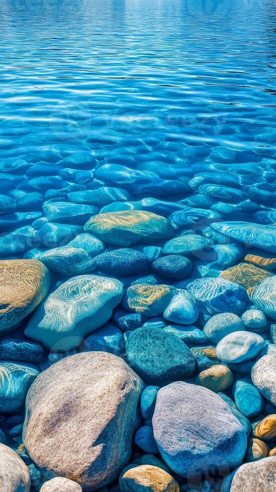 Crystal Clear Waters A Serene Underwater Landscape with Smooth Stones and Rippling Sunlight, Perfect for a Calming Nature Background or Scenic Wallpaper photo