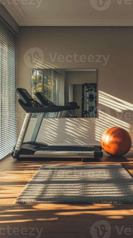 Invigorating Home Gym Treadmill, Exercise Ball, and Natural Light for a Healthy Lifestyle and Fitness Motivation in a Modern Interior Design Space photo