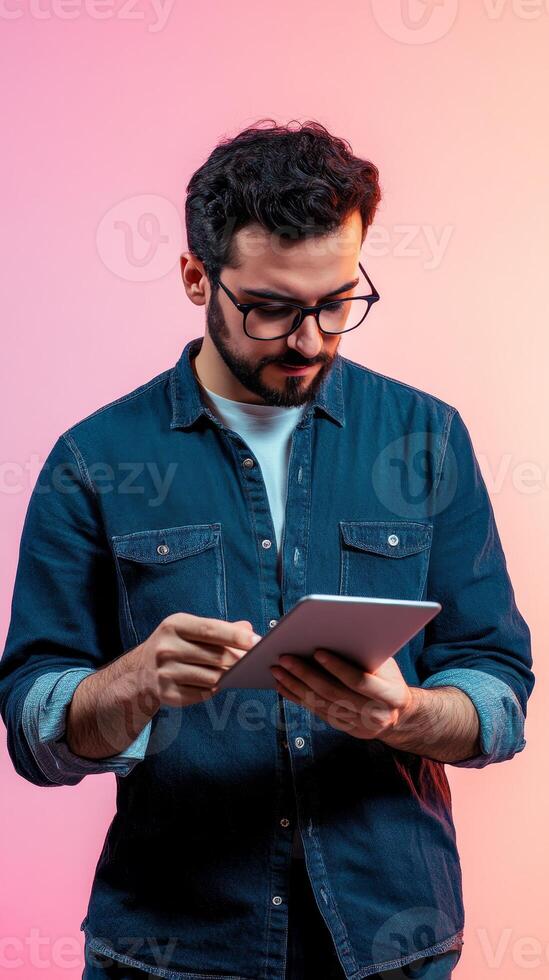 Man Engaged with Tablet A Study in Modern Connectivity, Showcasing Technology, Style, and the Digital Lifestyle in a Vibrant Pink Hued Setting, Inspiring Innovation photo