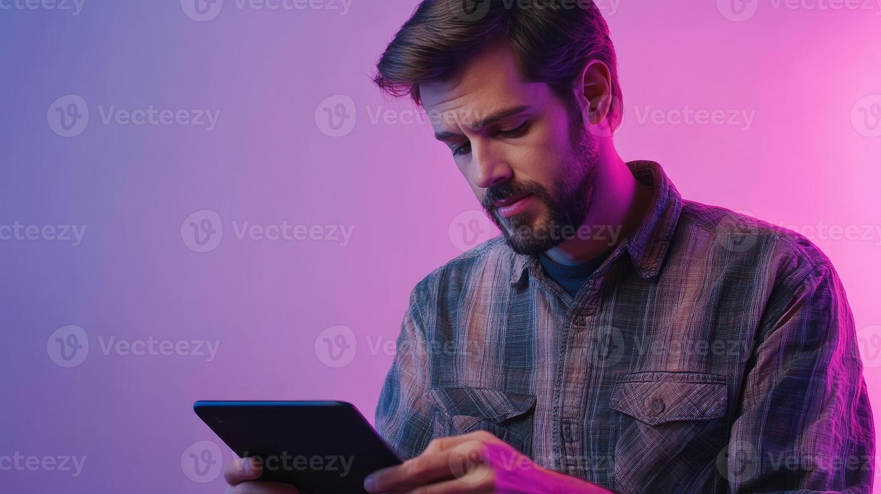 Man Engaged with Digital Tablet Modern Technology, Online Connection, and Social Media Browsing for Communication and Information Access in a Digital World photo