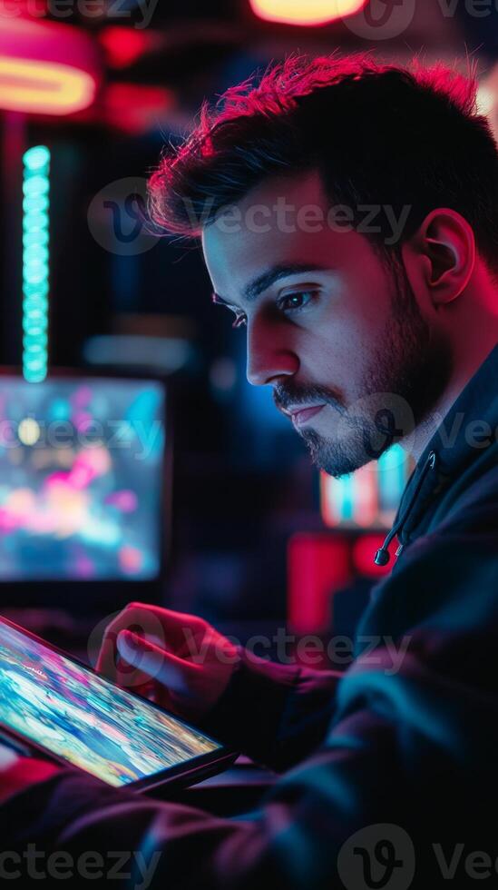 Immersed in the Digital Realm A Young Man Navigating the Neon-Lit World of Gaming and Technology on His Tablet, Embracing the Future of Entertainment and Connectivity. photo