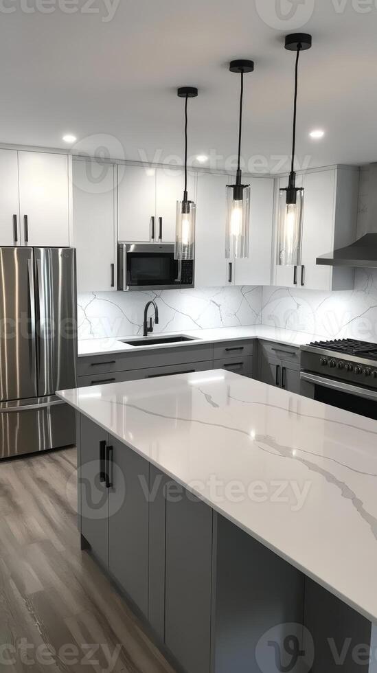 Modern Kitchen Interior A Symphony of White and Gray, Stainless Steel Appliances, Marble Countertops, and Elegant Pendant Lighting for a Luxurious Home Design photo