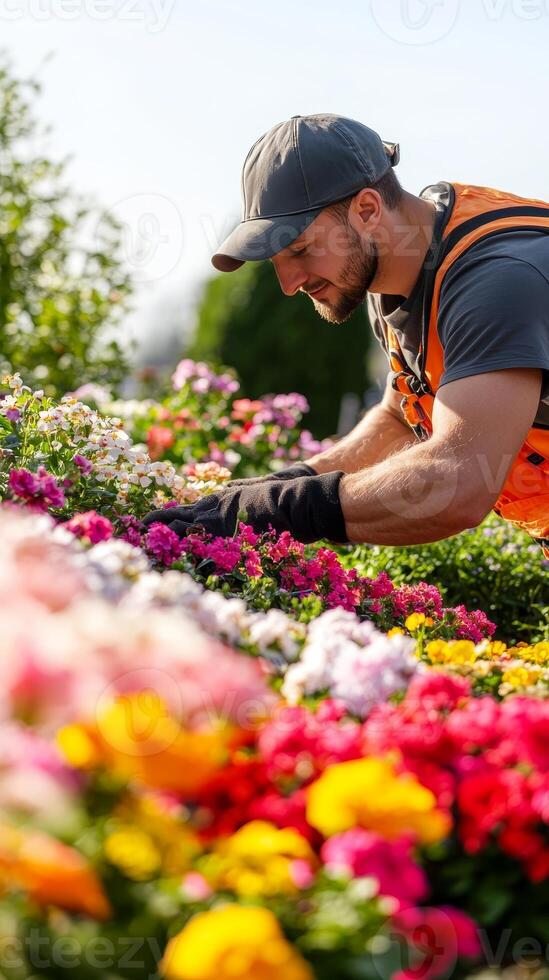Man tending colorful flowers in garden, a vibrant display of nature's beauty, showcasing gardening, horticulture, and the joys of outdoor cultivation in spring. photo