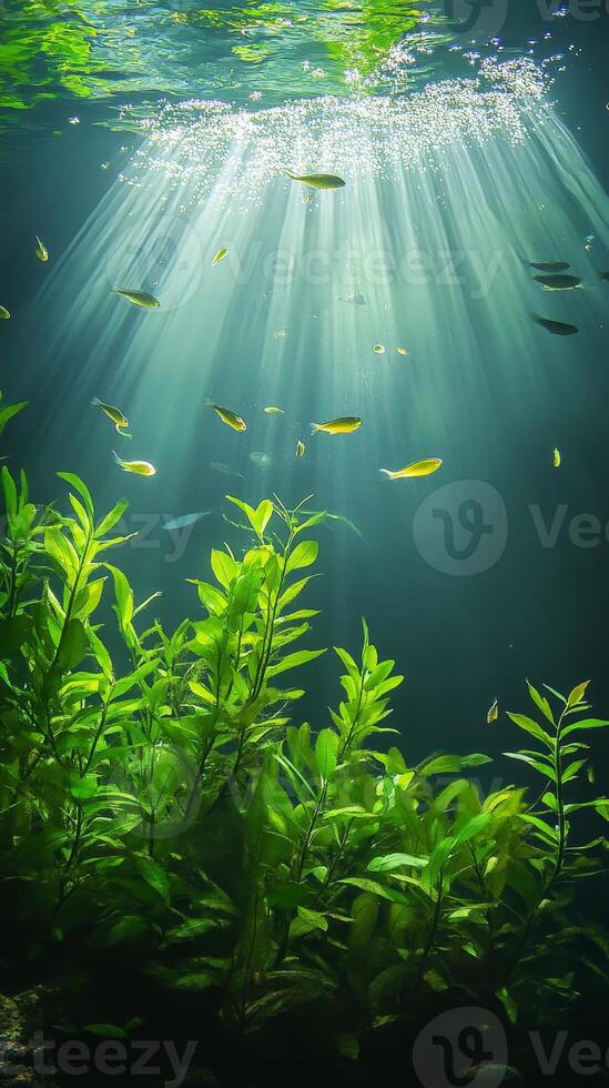 Enchanting Underwater Scene Fish Darting Through Sunlit Waters Amidst Lush Greenery, a Tranquil Aquatic Symphony of Life and Light, Nature's Serene Masterpiece photo