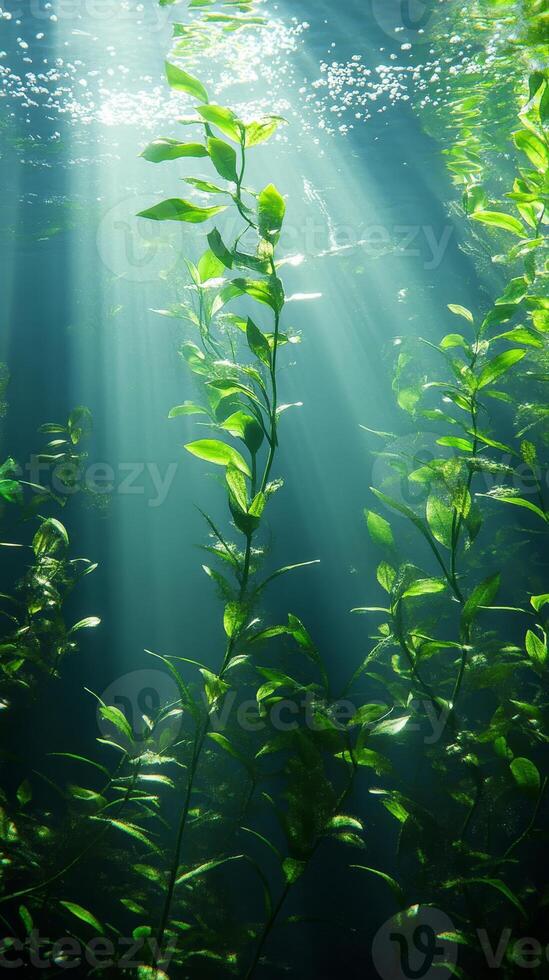 Submerged Serenity Underwater Flora Bathed in Sunlight, a Tranquil Aquatic Scene photo