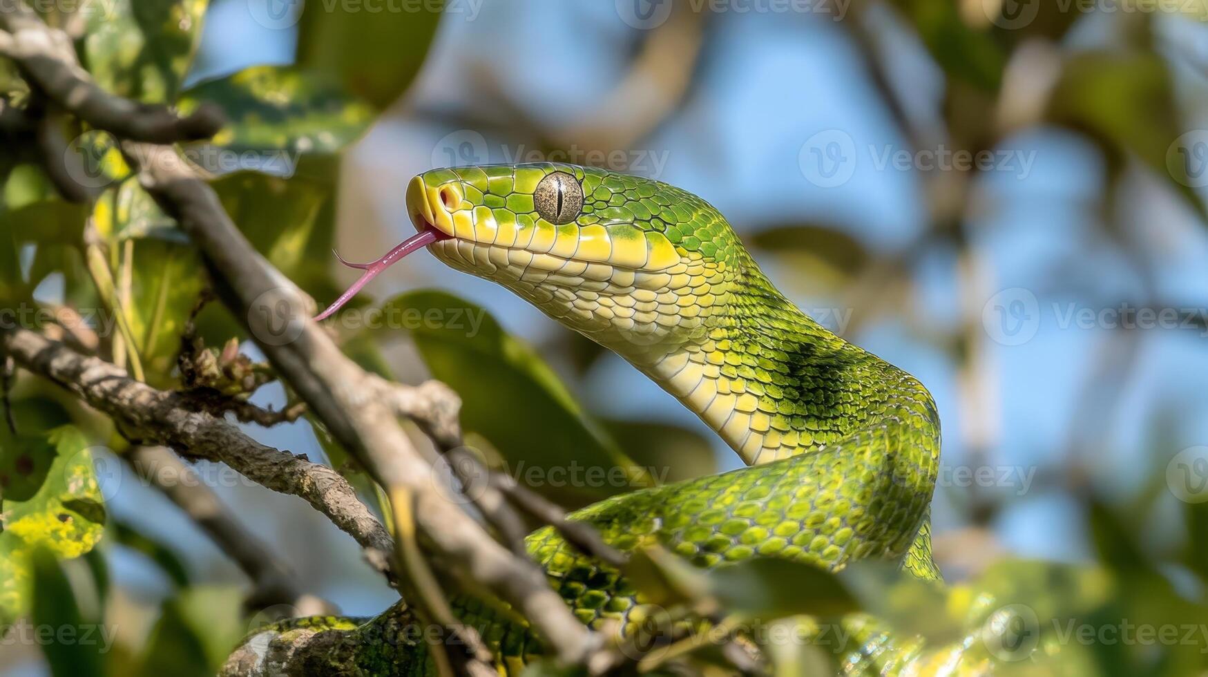 Emerald Vipers Gaze A Striking Portrait of Wildlife in Vivid Green, Capturing Nature's Beauty with Intricate Scale Detail and a Glimpse into the Wild Predator's World photo