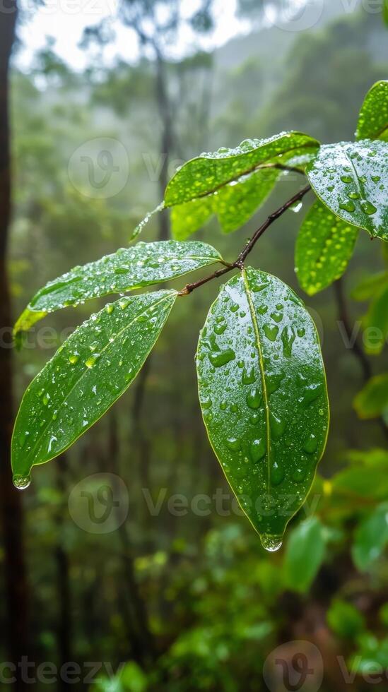 Lush Green Leaves Adorned with Sparkling Raindrops photo
