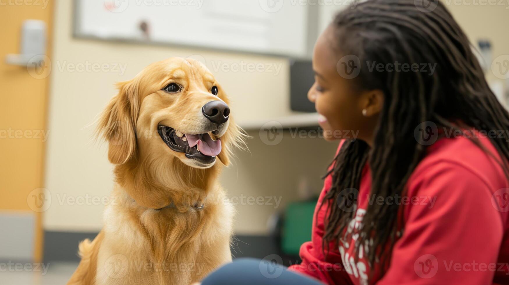 Heartwarming Moment A Golden Retriever's Affectionate Gaze Meets a Smiling Woman, Radiating Joy and Companionship in an Indoor Portrait of Pure Connection. photo
