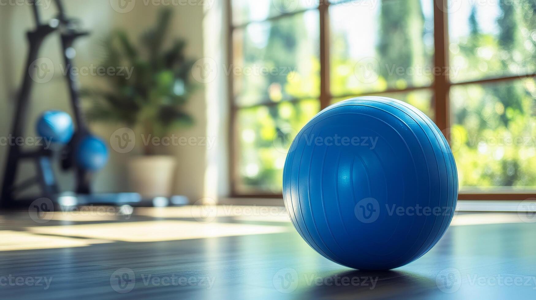 Blue Exercise Ball Ready for a Home Workout, Promoting Health, Strength, and Wellbeing in a Bright, Modern Setting for a Balanced Lifestyle. photo