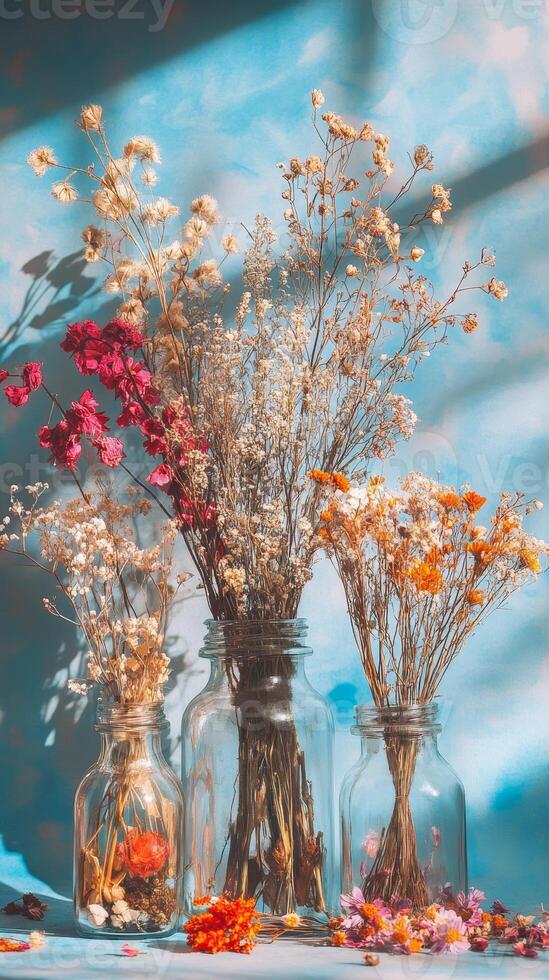 Ethereal Still Life Dried Flowers in Glass Vases, a Nostalgic Bouquet with Soft Light and Pastel Tones, Perfect for Home Decor and Romantic Backgrounds photo