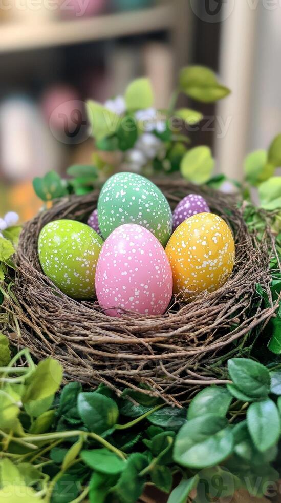 A Vibrant Celebration Colorful Easter Eggs Nestled in a Natural Nest, Surrounded by Lush Greenery, Embodiment of Spring's Renewal and Joyful Festivities. photo