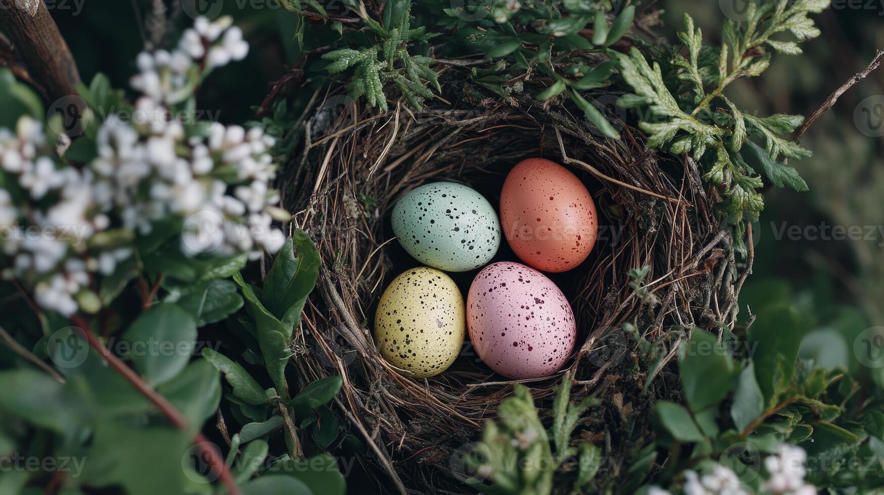 Enchanting Easter Pastel Speckled Eggs in a Rustic Nest Amidst Blooming Spring Foliage - A Celebration of New Life and the Beauty of Nature's Delicate Art photo