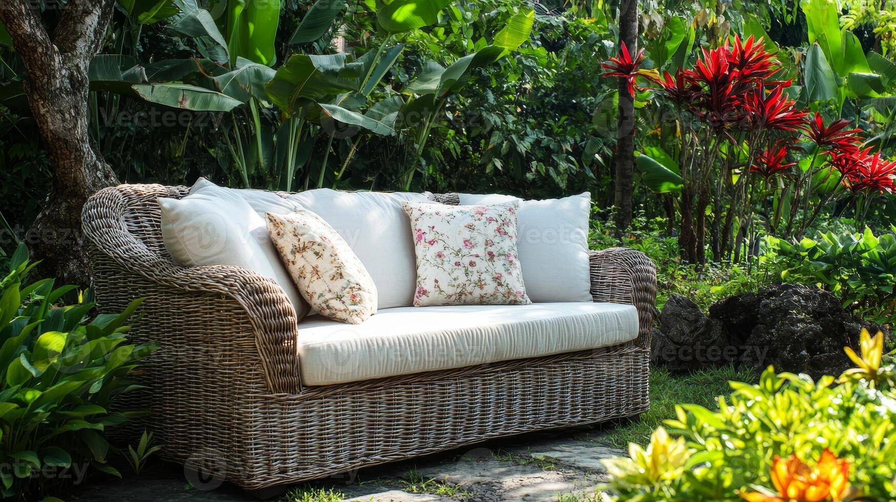 Tranquil Garden Oasis A Wicker Sofa Surrounded by Lush Greenery, Offering a Peaceful Outdoor Retreat for Relaxation and Serenity in a Tropical Landscape photo