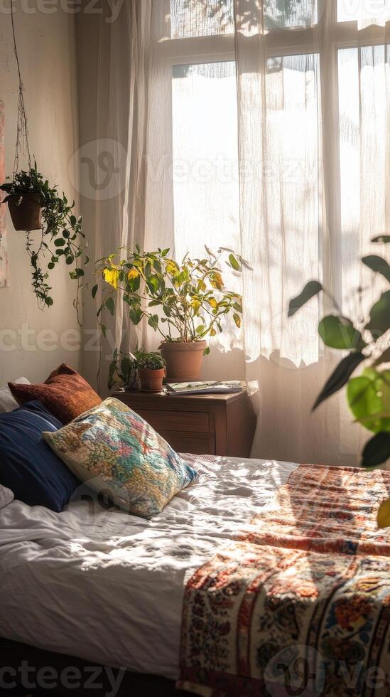 Sun-Kissed Serenity A Cozy Bedroom Retreat with Natural Light, Houseplants, and Comforting Textiles for Peaceful Relaxation and a Tranquil Morning. photo