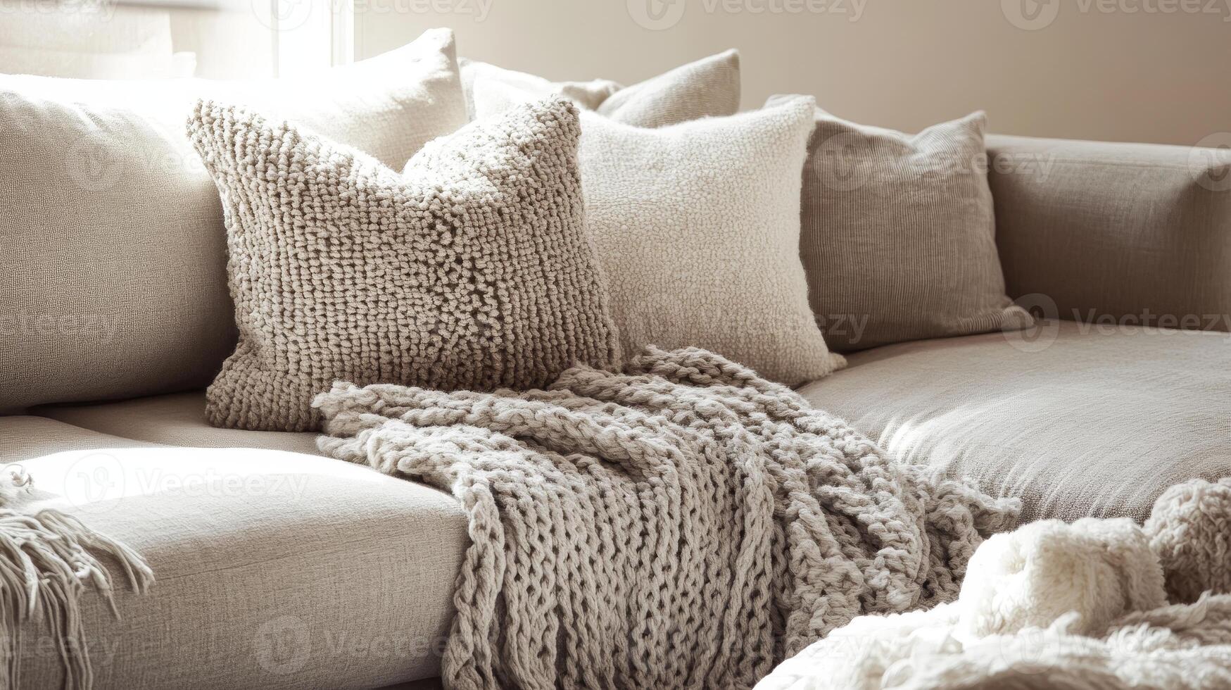 Serene Haven A Cozy Couch with Plush Pillows and a Knitted Blanket, Inviting Comfort and Relaxation in a Modern Interior Design, Perfect for Home Decor Inspiration photo