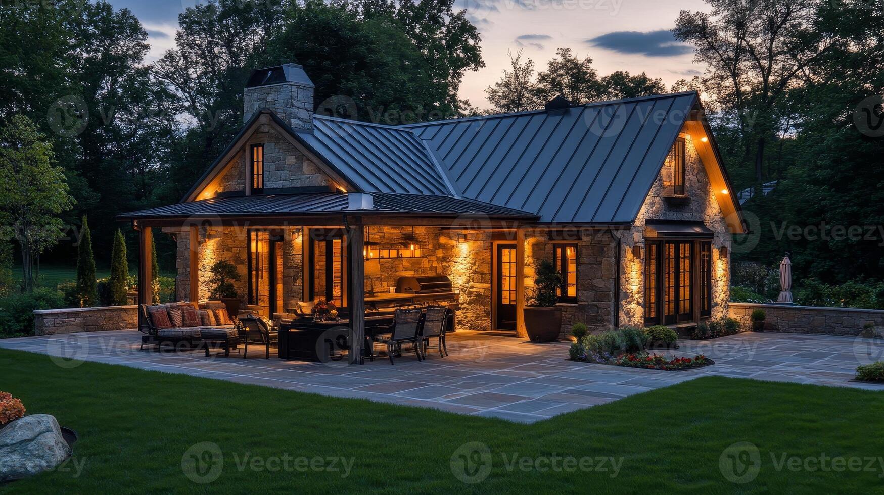 Enchanting Stone House Exterior A Harmonious Blend of Architecture, Landscape, and Cozy Outdoor Living. Evening Twilight Illuminates the Design, Creating a Warm Ambiance. photo