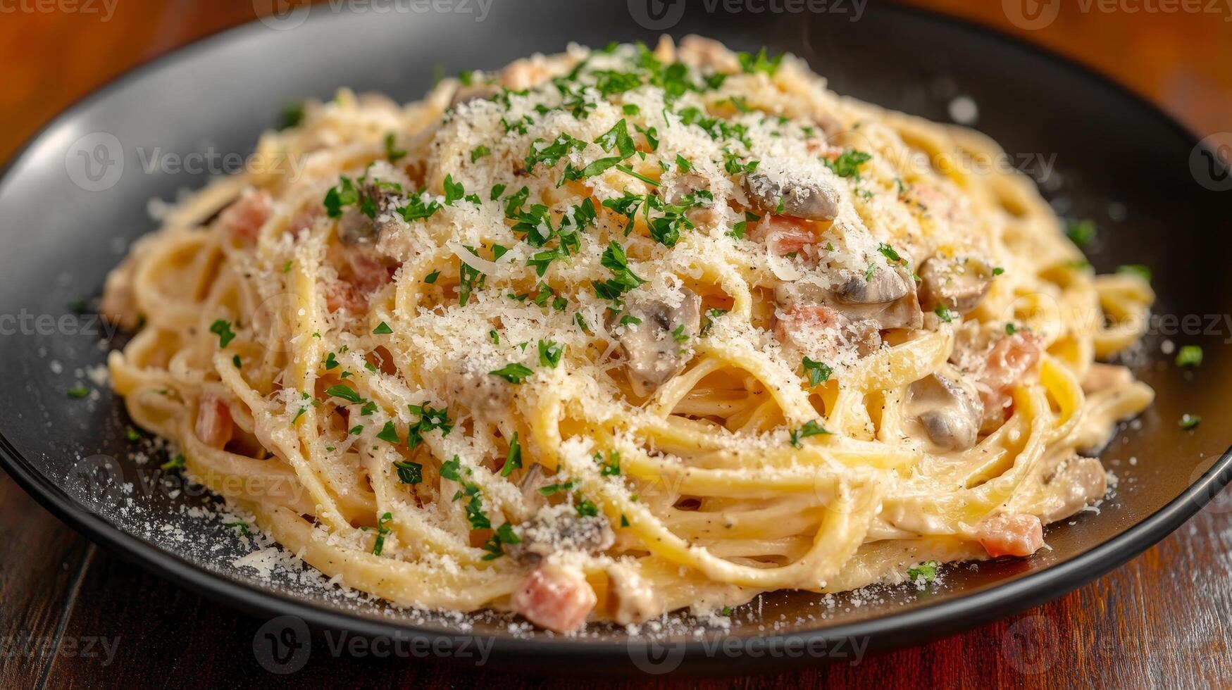 Exquisite Spaghetti Carbonara A Culinary Masterpiece with Bacon, Cream, and Parmesan Cheese, Garnished with Parsley, Served on a Black Plate photo