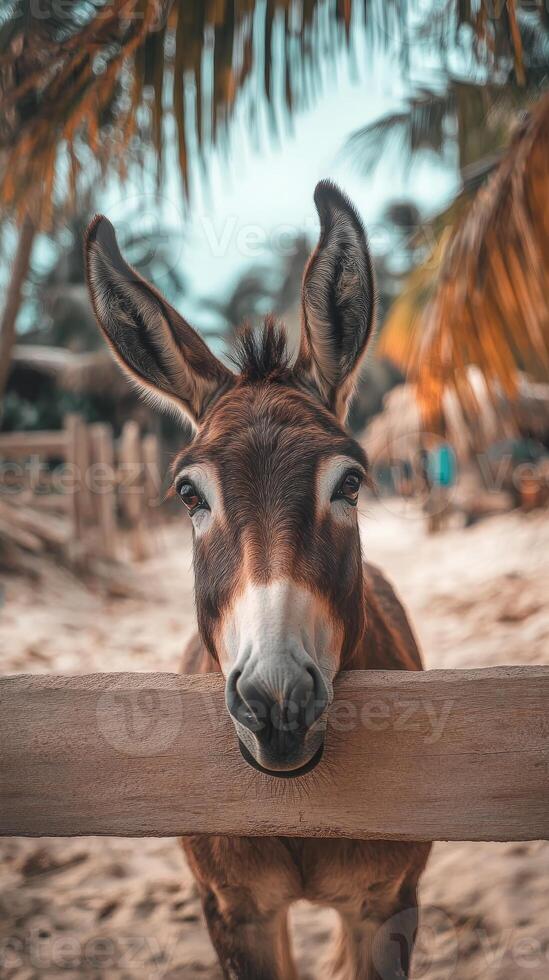 Captivating Donkey Portrait A Serene Encounter on the Tropical Shore - Discover the Beauty of Wildlife in a Tranquil Coastal Setting Under the Sun. photo