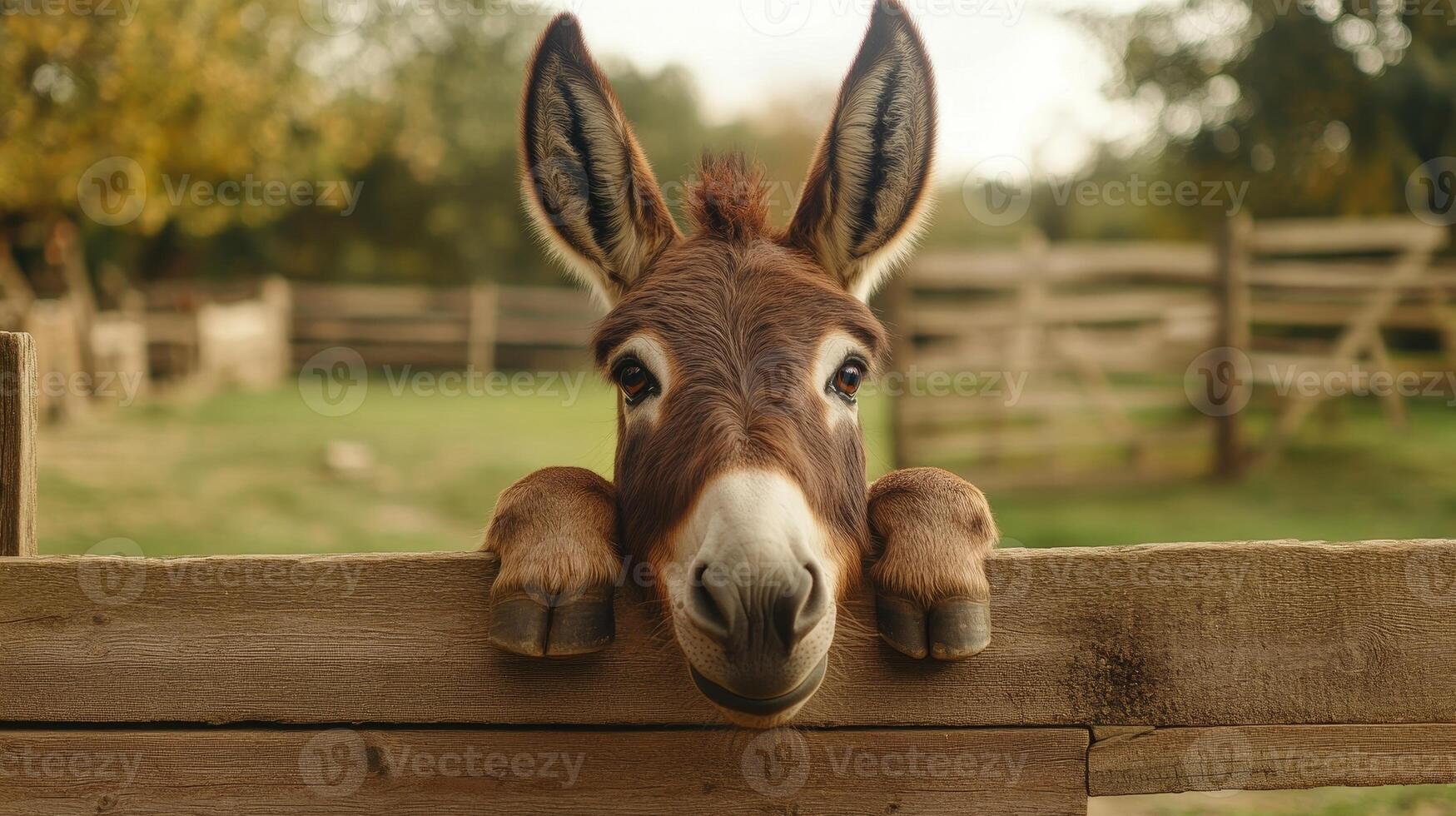 Charming Donkey Portrait A Rustic Farm Scene with a Curious Animal Peeking Over a Wooden Fence in the Countryside, Capturing the Essence of Rural Life photo