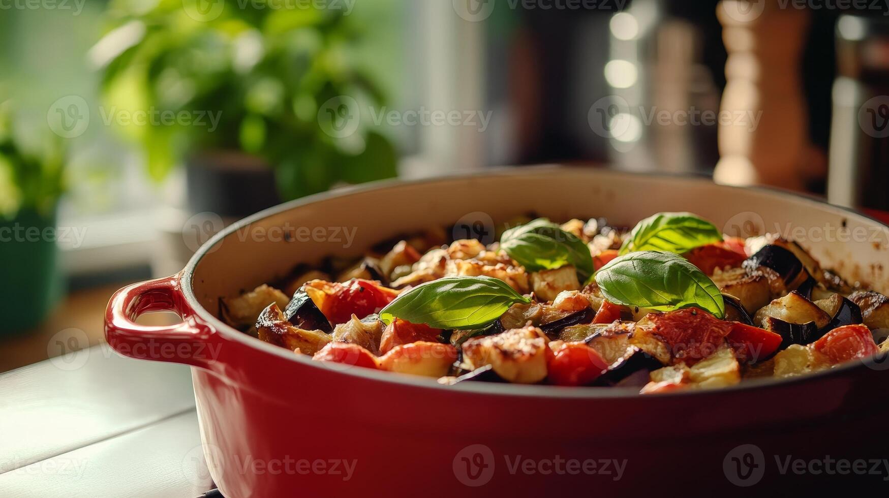 Ratatouille A Symphony of Flavors in a Rustic Pan. Fresh Eggplant, Tomatoes, and Basil harmonize in this Culinary Masterpiece. A Healthy and Delicious Vegetarian Dish photo