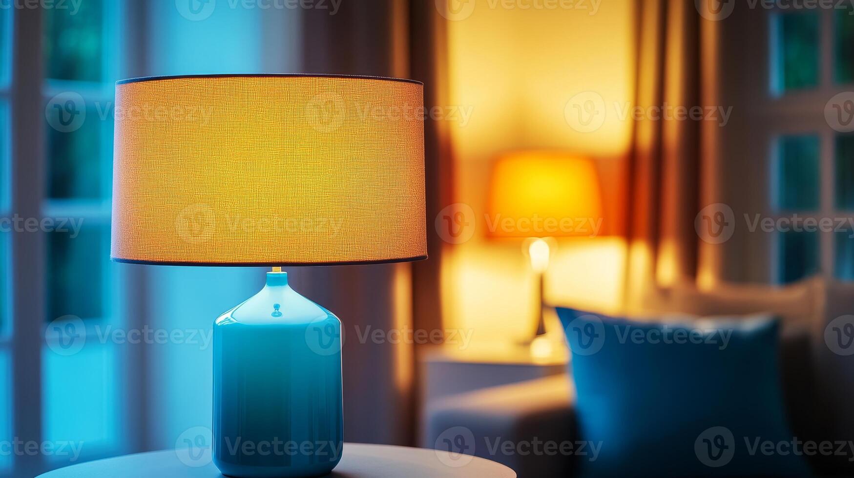 Tranquil Interior A Modern Lamp Radiating Warmth in a Cozy Room, Stylish Home Decor, and Serene Night Ambiance with Soft Illumination and Elegant Design. photo