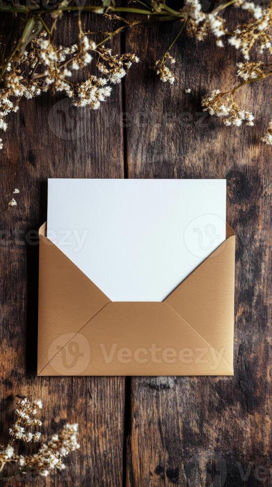 Elegant Invitation Mockup A Golden Envelope with Blank Card on Rustic Wood, Adorned with Delicate Dried Flowers for Weddings, Celebrations, and Personalized Greetings photo
