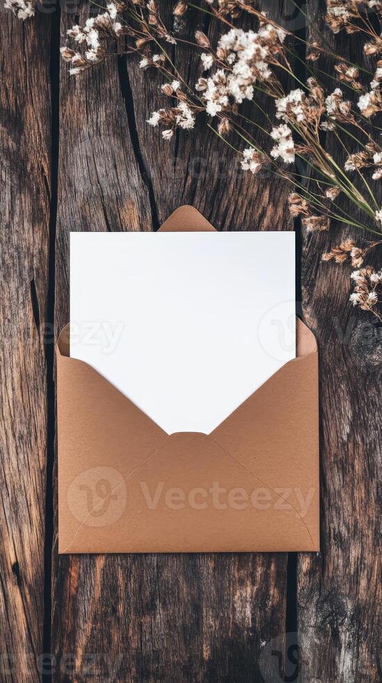 Elegant Kraft Envelope with Blank Card on Rustic Wood, Adorned with Dried Flowers - Perfect for Invitations, Greetings, and Personalized Messages photo