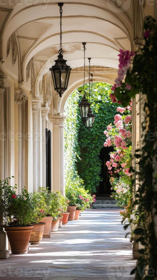 Enchanting Courtyard A Symphony of Arches, Lanterns, and Blooming Flowers in a Tranquil Garden Path, Where Classic Architecture Meets Floral Elegance. photo