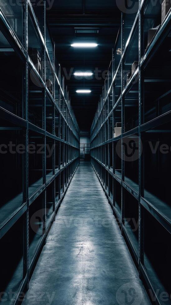 Endless Aisles A Warehouse Perspective with Empty Shelves, Industrial Storage and Metal Racks for Inventory Management and Organized Distribution System photo