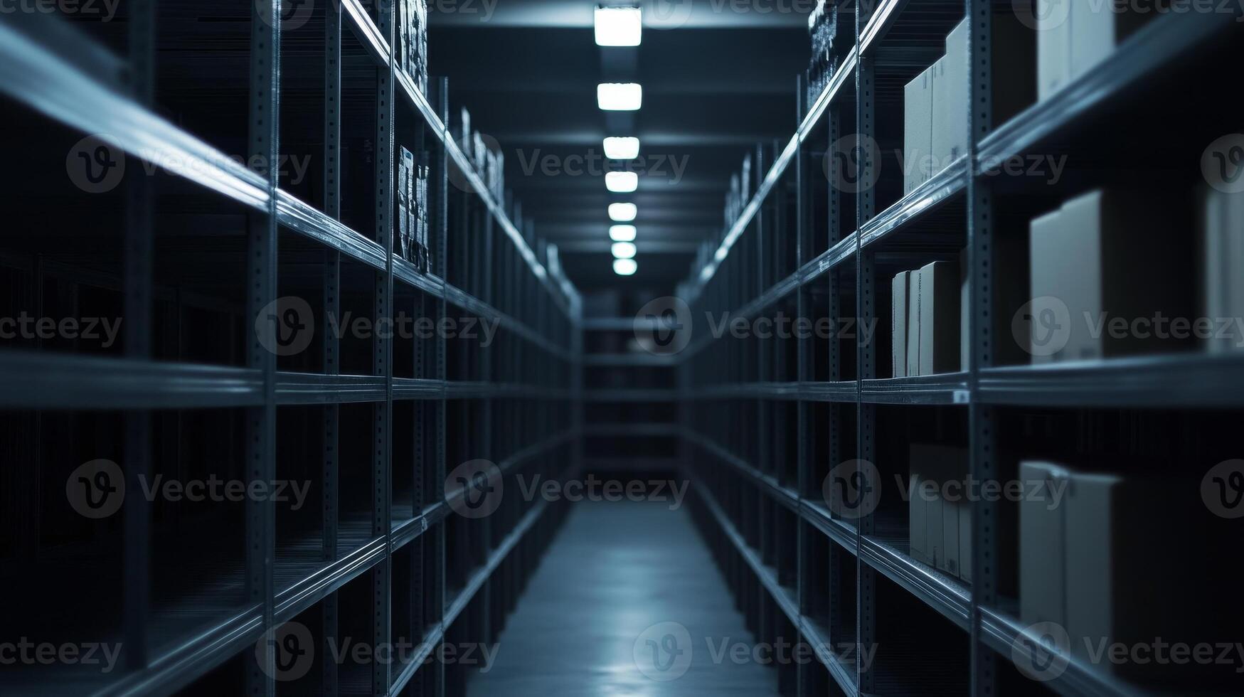 Warehouse Shelves A Vast Perspective of Organized Storage for Industry, Logistics, and Distribution of Stock, Merchandise, and Goods in Commercial Buildings photo