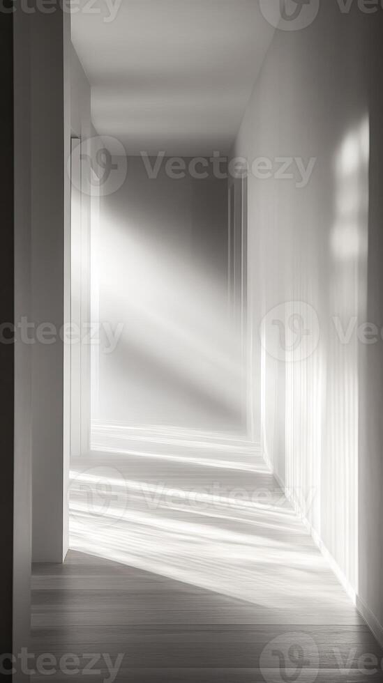 Sunlit Serenity A Minimalist Hallway Interior with Geometric Shadows, Clean Lines, and Modern Design, Inviting Perspective and Empty Space in Monochrome Palette. photo