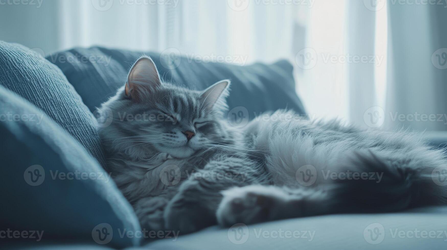 A Gray Cat's Peaceful Nap on a Cozy Couch, Embracing Comfort and Relaxation in a Tranquil Home Setting, a Moment of Pure Feline Bliss photo