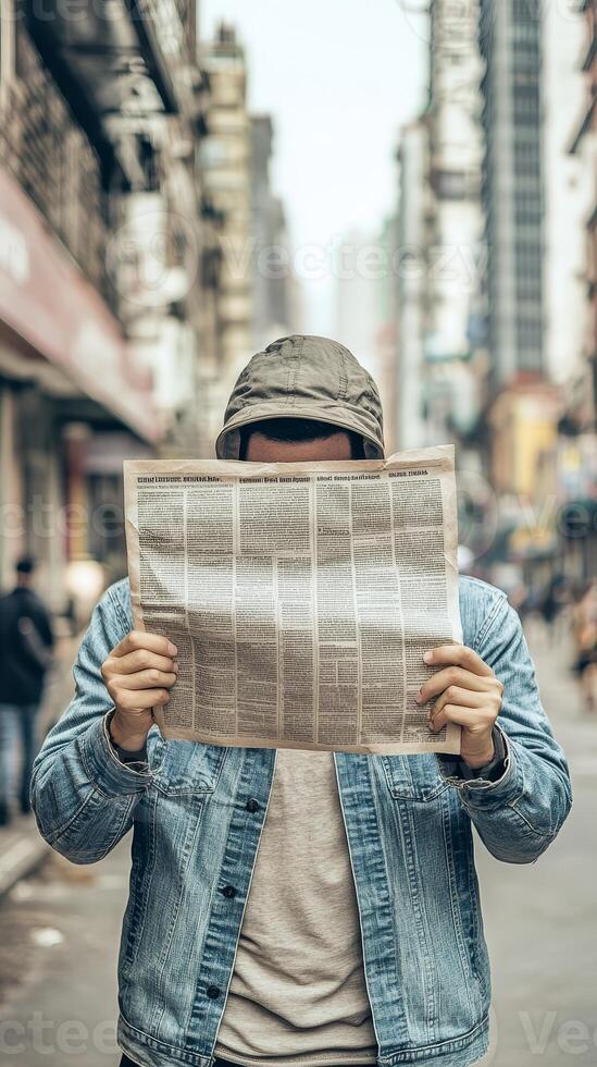 Engrossed Man Reading Newspaper in City Street photo