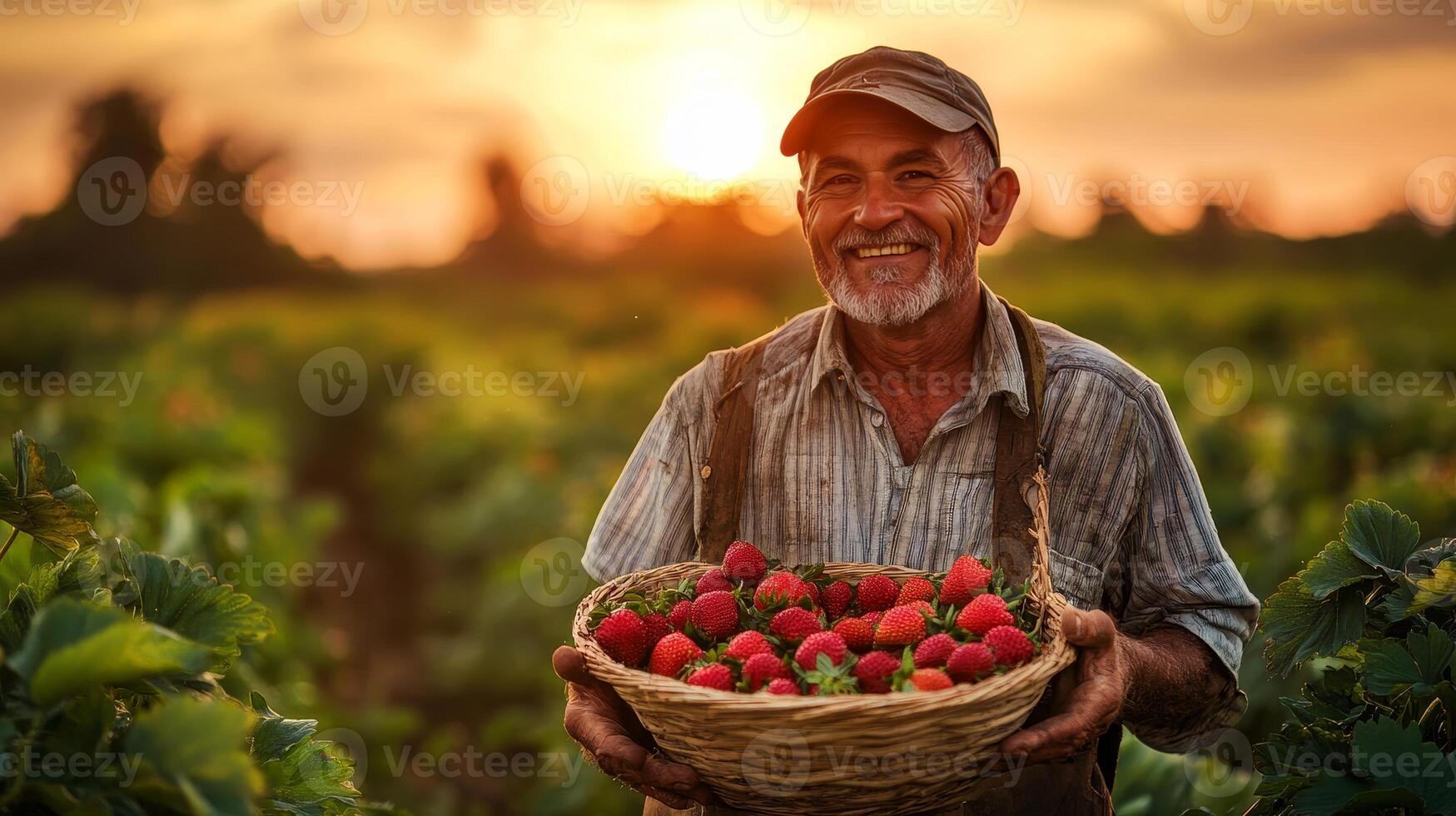 A Joyful Harvest Elderly Farmer with Basket Full of Fresh Strawberries in a Lush Field at Sunset, Celebrating the Bounty of Nature and the Fruits of Labor photo