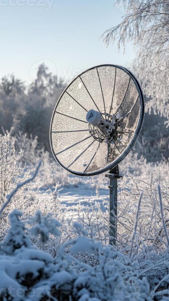 Icy Satellite Dish A Winter's Tale of Technology and Nature. Frozen antenna under a blue sky, transmitting signals across a snow-covered landscape. photo