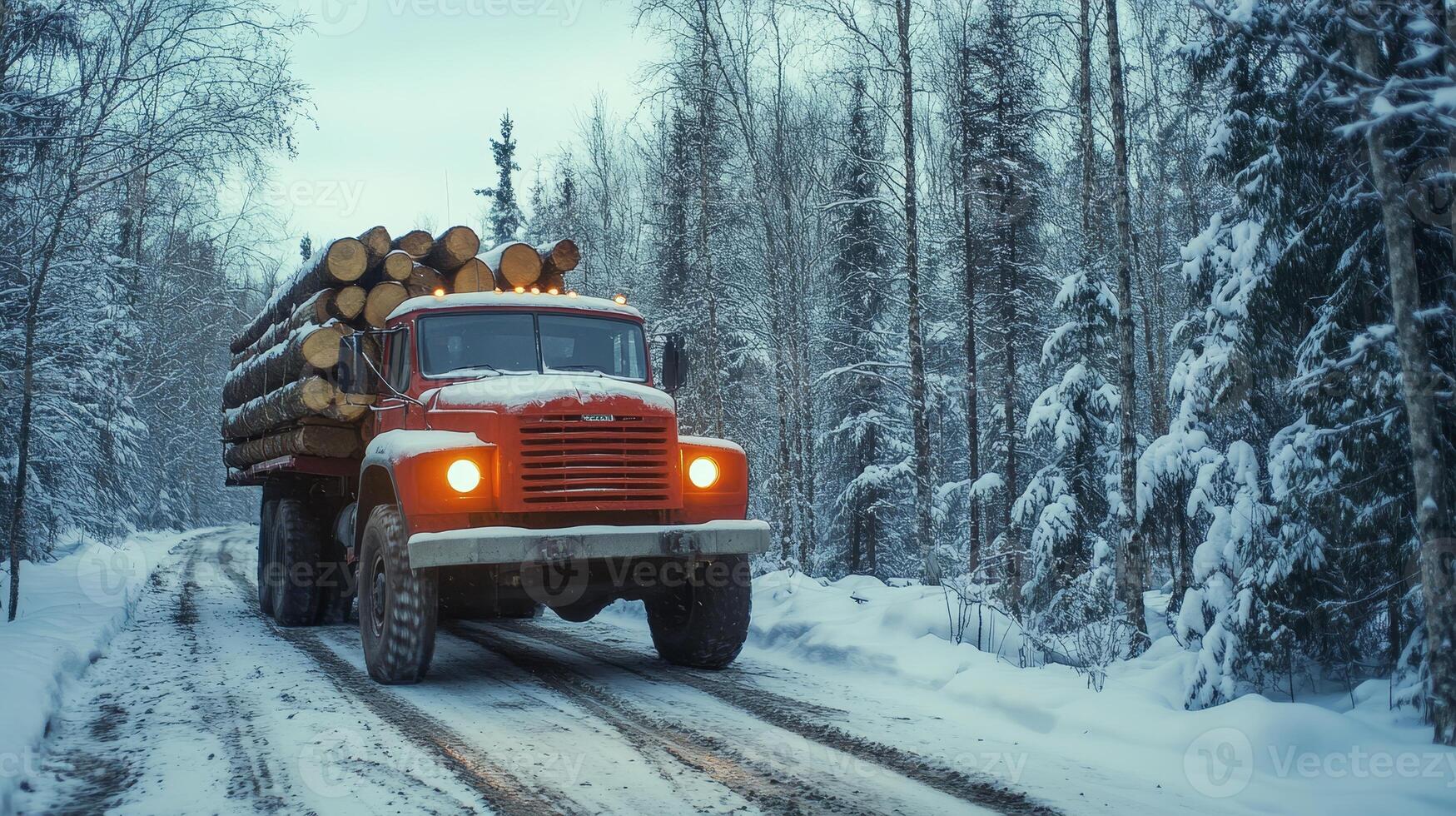 Red Logging Truck Transporting Timber Through a Snowy Winter Forest photo