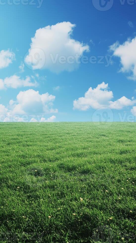 Lush Green Field under a Bright Blue Sky with Fluffy Clouds - A Tranquil Landscape of Nature's Beauty, Perfect for a Sunny Day in the Countryside photo