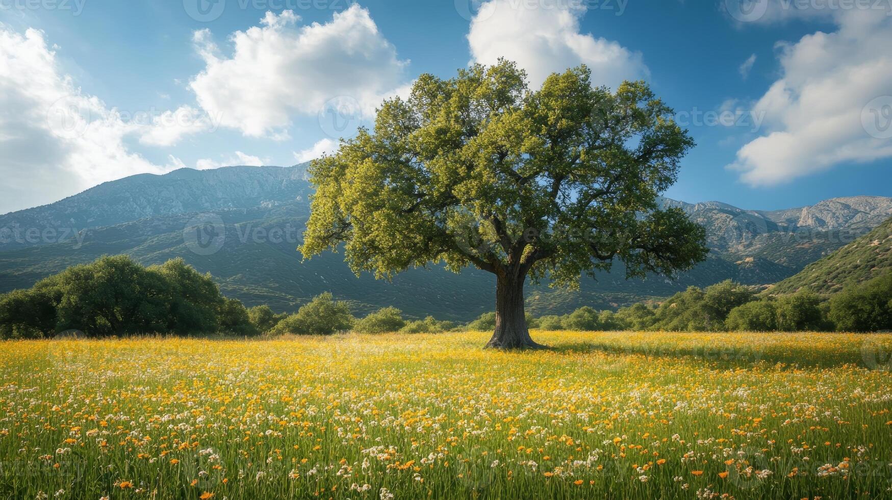Enchanting Landscape A Lone Tree Stands Guard Over a Meadow of Wildflowers, Backed by Majestic Mountains and a Sky Painted with Clouds, Evoking Summer's Beauty. photo